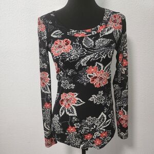 Karen Kane Y2K Black & Red Floral Fitted Semi-Sheer Long Sleeve Blouse